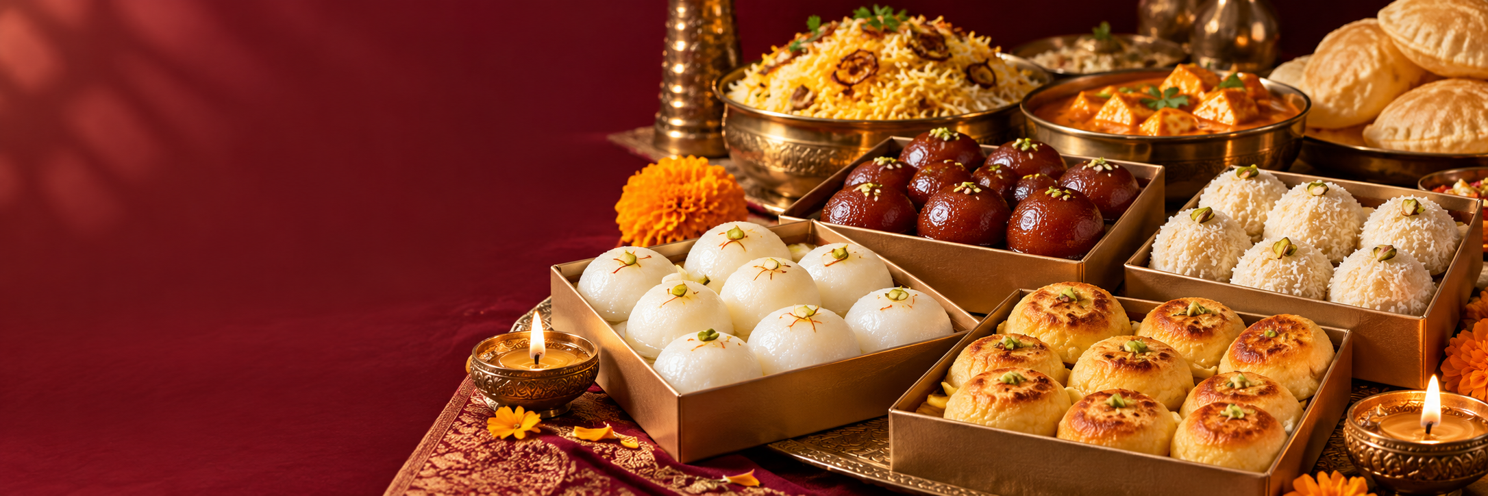 Diwali sweets, gift boxes and a festive dining spread with glowing diyas